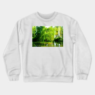 Tiny island with a weeping willow in the centre of a pond full of algae Crewneck Sweatshirt